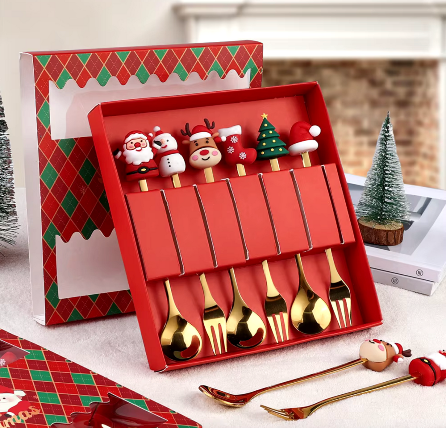 Cheer Christmas! Gold Color Steel Cutlery Gift Set for Party & Dessert & Kids