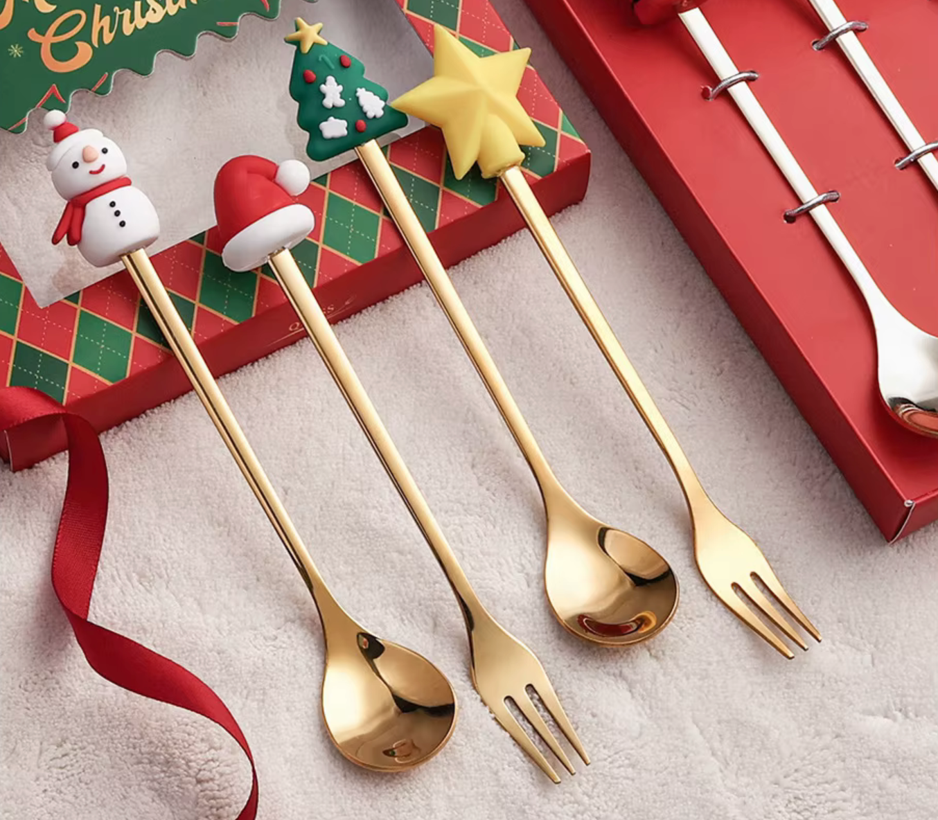 Cheer Christmas! Gold Color Steel Cutlery Gift Set for Party & Dessert & Kids